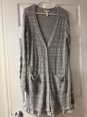 Matilda Jane Light Gray Open-Knit Long Cardigan with Pocket Detail